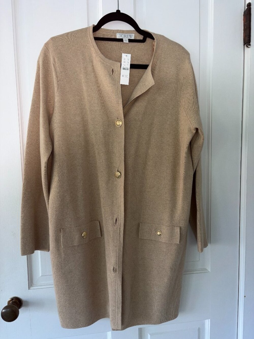 NWT JCrew Long Giselle sweater blazer, Size Small in camel
